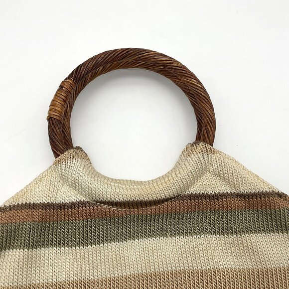 The SAK Lined Crochet Neutral Striped Handbag Faux Wood Ring Handles 10" x 12" - Picture 3 of 5